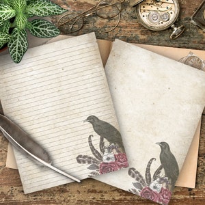 May include: Two blank sheets of lined paper with a vintage aesthetic, featuring a black bird and floral illustrations. A feather quill pen is placed on the top sheet.