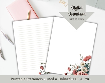 Floral Stationery Printable Letter Writing Paper Stationery Paper Lined & Blank Digital Journal Spring Stationary Junk Journal Notepad