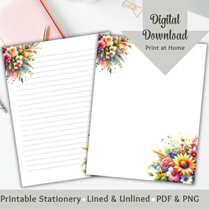 Floral Stationery Printable Letter Writing Paper Stationery Paper Lined & Blank Digital Journal Spring Stationary Junk Journal Notepad
