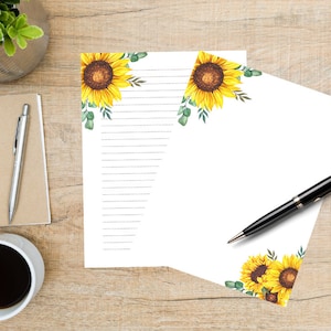 Juego de papelería de girasoles, papel para escribir cartas de flores de primavera, papelería floral imprimible, forrado y sin forro, carta de EE. UU., A4