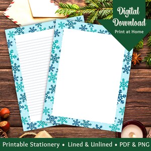Modello stampabile di cancelleria natalizia, carta da lettere per lettere con fiocchi di neve per le vacanze invernali, download digitale stazionario, carta intestata, 8,5 x 11 pollici