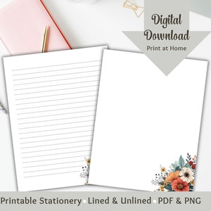 Floral Stationery Printable Letter Writing Paper Stationery Paper Lined & Blank Digital Journal Spring Stationary Junk Journal Notepad