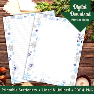 Christmas Stationery, Holiday Templates, Snowflakes Printable Writing Paper, Journal, Notepad, Scrapbook Xmas Digital Download, US Letter,A4