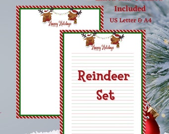 May include: Printable reindeer themed stationery set with lined and unlined paper. The paper features a red and green striped border with a reindeer illustration and the text "Happy Holidays". The text "Reindeer Set" is printed in large letters below the illustration.