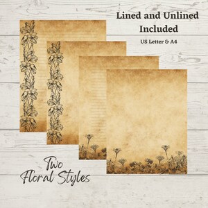 Two Floral Styles, Floral Parchment Stationery, Old Styled Paper, Digital Parchment Paper, US Letter, A4, Printable Floral Stationery