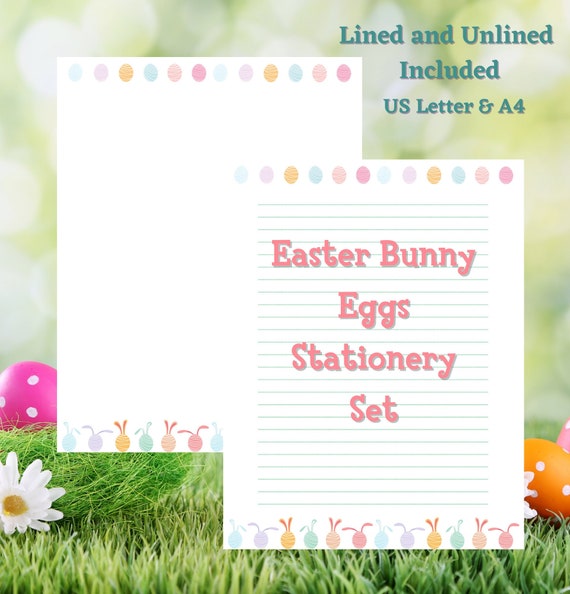 Easter Stationery Set, Printable Easter Bunny Eggs Writing Paper, Digital Writing Template, Lined & Unlined, US Letter, A4, Downloadable