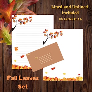 Artigos de papelaria com tema de outono, papel para escrever cartas digitais com folhas de outono, papelaria para impressão, download instantâneo, carta dos EUA, A4, forrado e sem forro