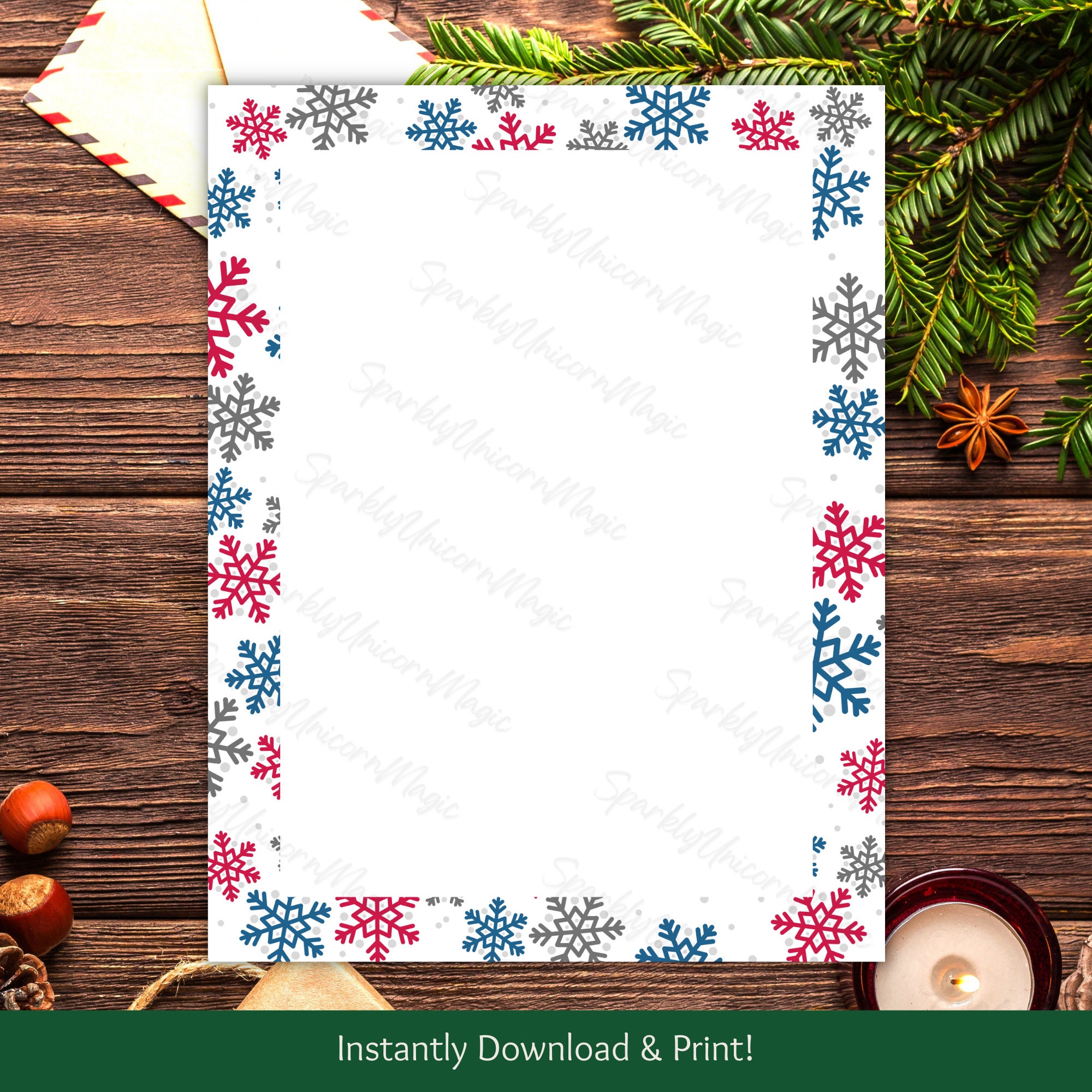 Printable Christmas Stationery Template Winter Holiday Snowflake