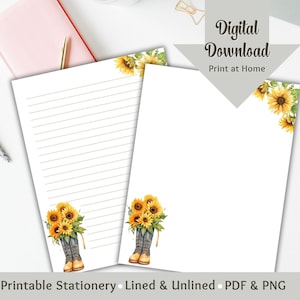 Papelería de girasol Papel de escritura de cartas imprimible Papelería Papel forrado y diario digital en blanco Bloc de notas de diario basura estacionario de primavera