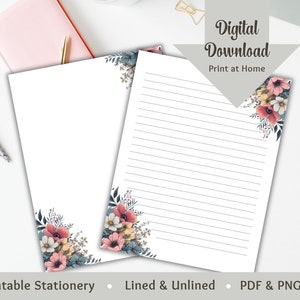 Floral Stationery Printable Letter Writing Paper Stationery Paper Lined & Blank Digital Journal Spring Stationary Junk Journal Notepad