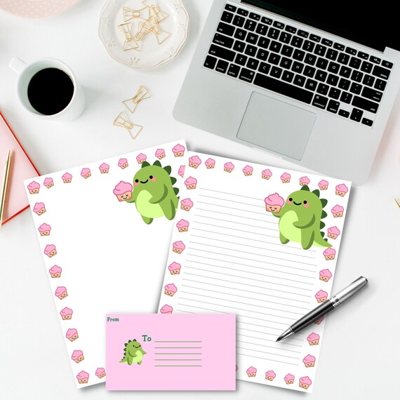 Cute Dinosaur Stationery, Printable Dinosaur Letter Paper for Kids, Cute Kawaii Stationery Set, US Letter, A4, Digital Stationery Download