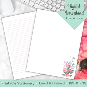 Floral Watercolor Stationery-Cute Valentines Day Stationary Set-Printable Spring Flowers Letter Writing Paper-Lined & Unlined US Letter-A4