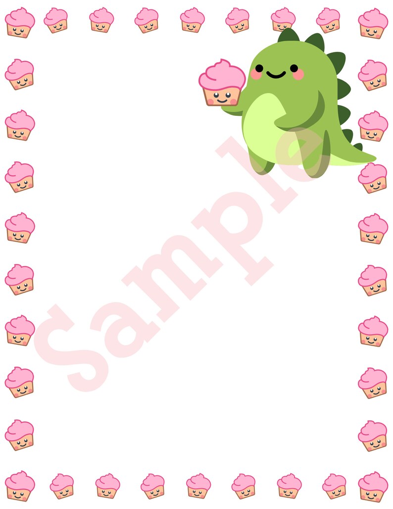 May include: A white background with a border of pink cupcakes. A green cartoon dinosaur holds a pink cupcake. The word "Sample" is printed diagonally in pink across the image. This image is suitable for stationery or invitations.