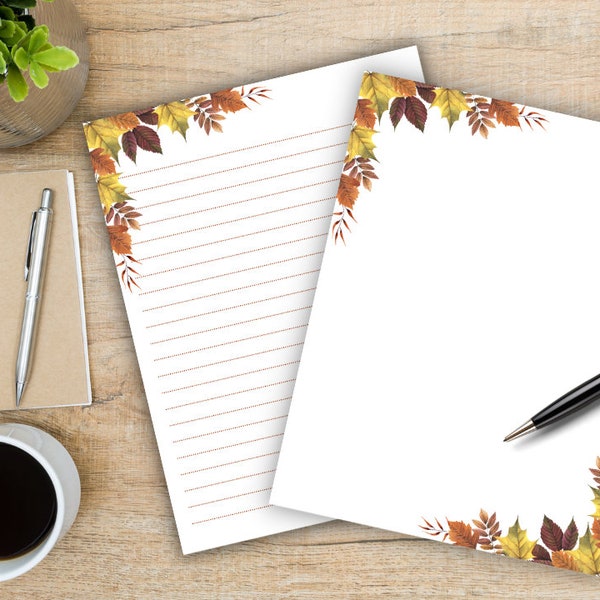 Printable Fall Stationery Autumn Themed Letterhead Digital Stationary Autumn Notepad Journal Letter Writing Paper 8.5 x 11 in A4 Lined Blank