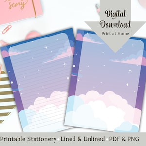 Lindo conjunto de papelería Papeles de diario imprimibles Carta estacionaria imprimible Escritura de papel rayado Papelería Kawaii Membrete Diario digital