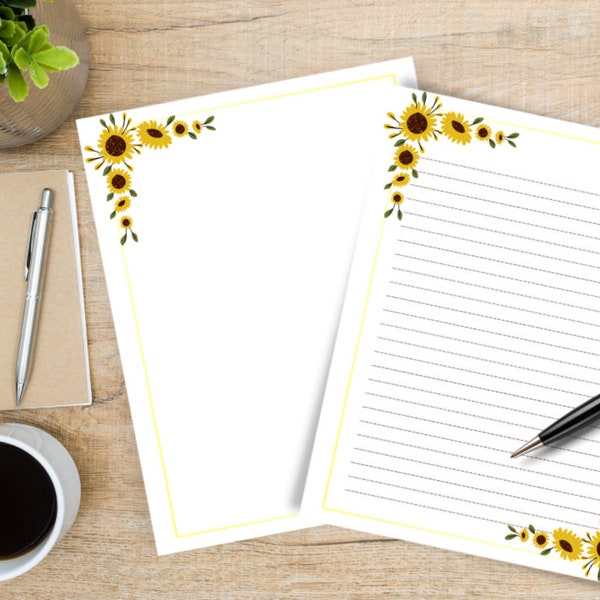 Sunflower Stationery Set, Printable Floral Writing Paper, Flower Writing Template, Lined & Unlined, US Letter, A4, Instant Download