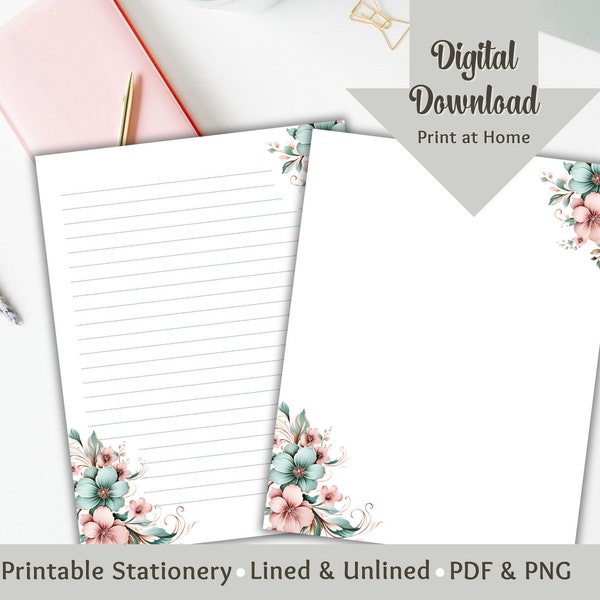 Floral Stationery Printable Letter Writing Paper Stationery Paper Lined & Blank Digital Journal Spring Stationary Junk Journal Notepad