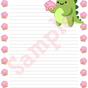 May include: A lined stationery sheet with a border of pink cupcakes. A green dinosaur character holds a pink cupcake. The word "Sample" is faintly visible across the page. The design is whimsical and suitable for notes or letters.