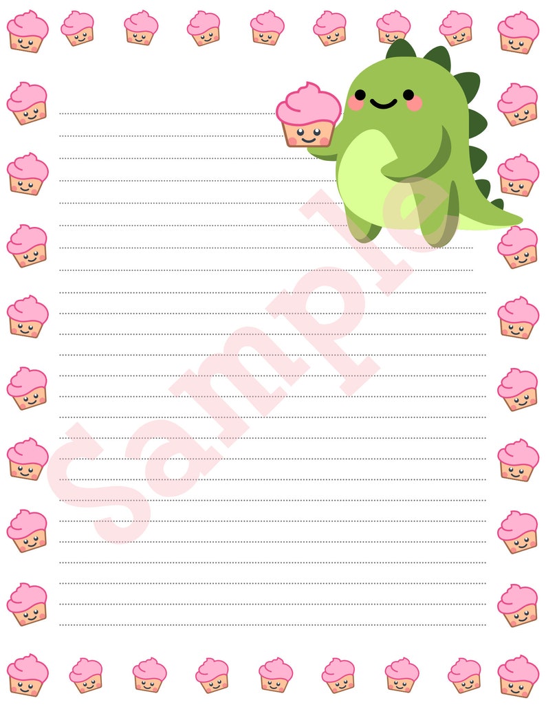 May include: A lined stationery sheet with a border of pink cupcakes. A green dinosaur character holds a pink cupcake. The word "Sample" is faintly visible across the page. The design is whimsical and suitable for notes or letters.
