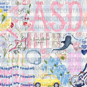 Puede incluir: Un collage de ilustraciones en acuarela con boletos, flores, mariposas, una ballena, una tabla de surf y un coche amarillo. El texto incluye "To Live For", "The Hope", "Of It All" y "Good Things Are Coming". El fondo tiene un patrón de cuadros azul claro y blanco.