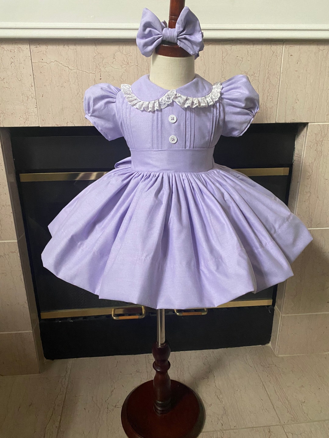 Green Corduroy Pearl Smocked Short Sleeve Bishop Dress