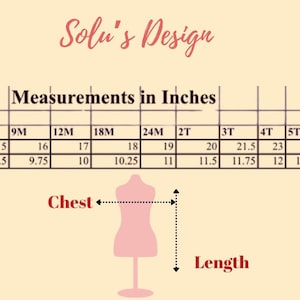 May include: Size chart for children's clothing in inches. The chart shows measurements for chest and length in inches for sizes 3M to 8T.