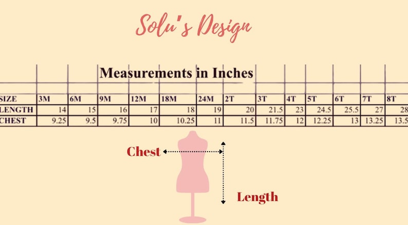 May include: Size chart for children's clothing in inches. The chart shows measurements for chest and length in inches for sizes 3M to 8T.