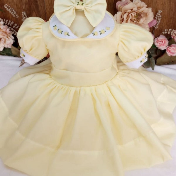 Smocked Embroidery dress- Bishop dress- Formal Yellow Dress