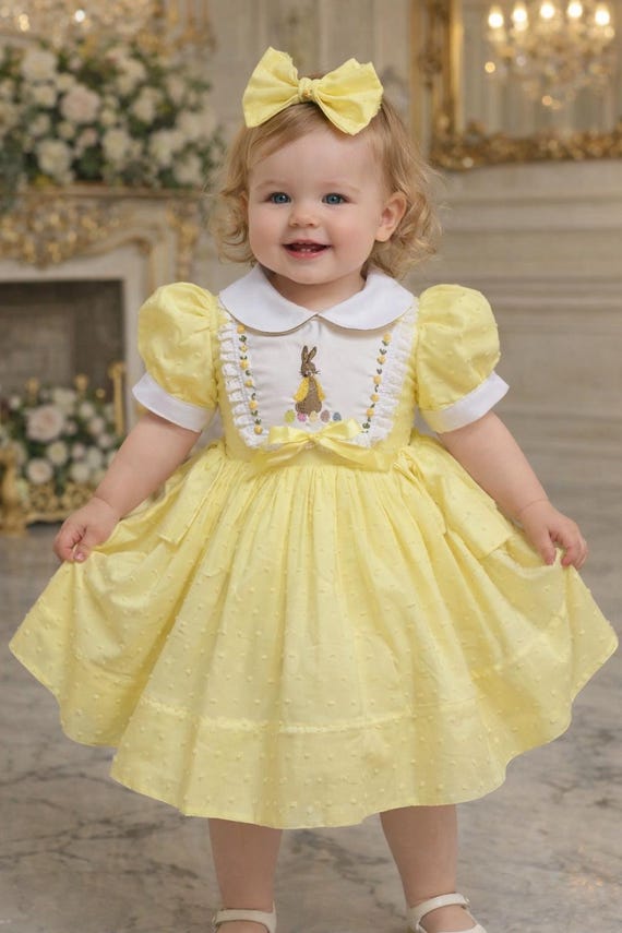 Smocked Embroidery Dress- Bishop Dress- Formal Yellow Dress