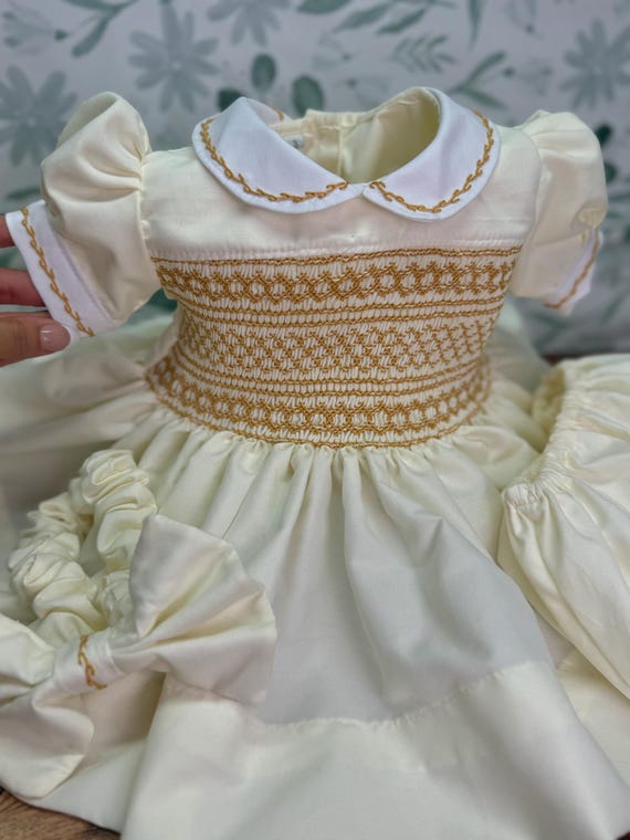 gold smock dress Smocked Embroidery dress- Bishop dress- Formal Sequin dress