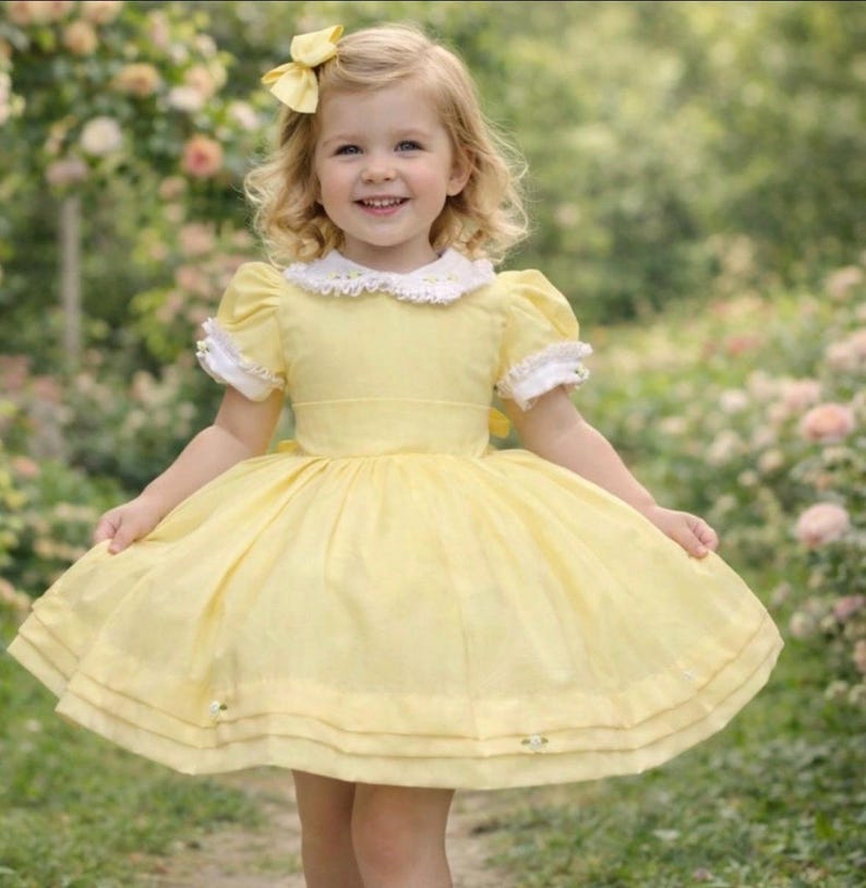Smocked Embroidery dress- Bishop dress- Formal Yellow Dress image 2