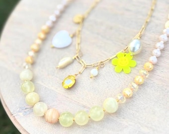 Beaded layering necklace with handcrafted charm necklace