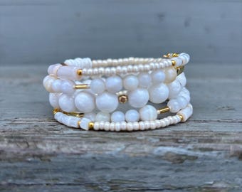 White Beaded Wrap Bracelet, Shell, Seed Beads, Gold Hematite