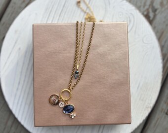 Gold Filled Charm Necklace, Pavè Smiley Face, Amethyst Flower