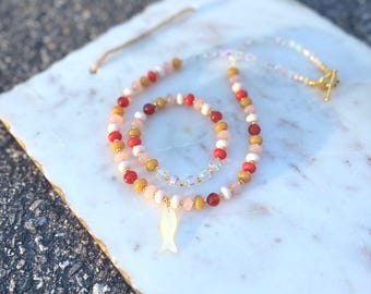 Beaded rondelle Necklace, Rainbow Crystal, Carnelian, Faux Opalite and Fish Focal