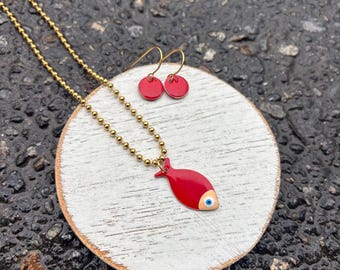 Fish charm with ball chain and matching red enamel drop earrings