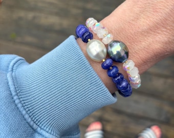 Summer blues and corals worn pearl focals. Toggle beaded bracelet