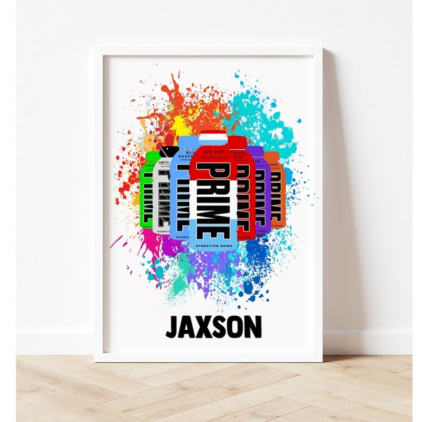 Personalised Name Prime Drink Rainbow Bright Print A4 Wall Art Bedroom Decor Games Room Gift Kids Boy Girl Son Daughter