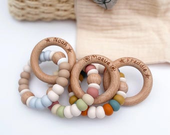 Personalized Baby Rattle: Wooden Sensory Toy, Rainbow Beads