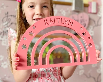 Personalised Pastel Pink Rainbow Mirror, Girls Nursery Decor