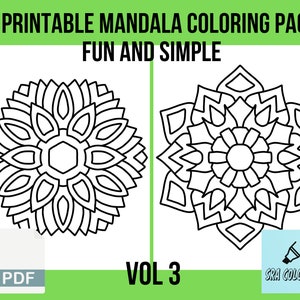 May include: Two black and white mandala coloring pages, one with a flower-like design and the other with a geometric design. The title "30 Printable Mandala Coloring Pages Fun and Simple Vol 3" is at the top of the image. The text "PDF" is in a white box at the bottom left of the image. The text "SRA Coloring" is in a blue box at the bottom right of the image.