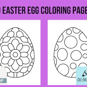 Könnte beinhalten: Zwei Schwarz-Weiß-Malvorlagen für Ostereier. Die erste Seite zeigt ein detailliertes Blumenmuster. Die zweite Seite zeigt ein einfaches Punkte-Muster. PDF.