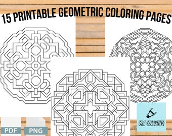 15 Page Geometric Printable Coloring Book, Digital Download Coloring Book, Geometric Pattern Coloring pages, Printable Coloring Pages