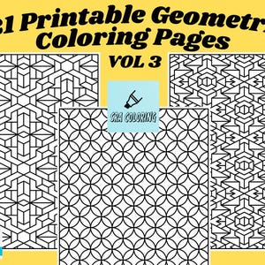 Op de afbeelding: 21 Uitprintbare geometrische kleurplaten Vol. 3. Drie geometrische patronen in zwart-wit om in te kleuren. PDF.