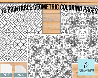 15 Page Geometric Printable Coloring Book, Digital Download Coloring Book, Geometric Pattern Coloring pages, Printable Coloring Pages