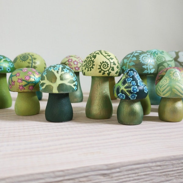 3 Hand Painted Wooden Fungi, Mushrooms, Toadstools, Botanical Themes, Randomly Selected, unique designs,  solid Beech wood, crafted gift