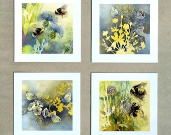 Set of 4 Artists' Cards - 'Bees and Butterflies' - Includes Bumblebees and Butterflies on Flowers. Quality Recycled Cards and Envelopes.