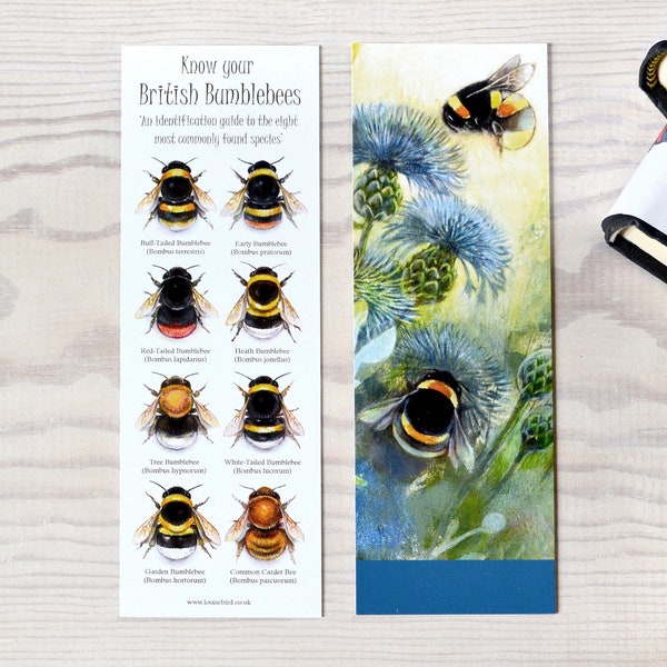 Hummel-Identifikations-Lesezeichen, doppelseitig, Kunstwerk von Louise Bird, Field Guide, 360 g / m² FSC-zertifizierte Karte, tolles Geschenk für Bienenliebhaber.