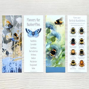 May include: Three watercolor bookmarks with nature illustrations. The first bookmark features a butterfly and the text "Flowers for Butterflies". The second bookmark features a bumblebee and the text "Know your British Bumblebees". The third bookmark features a butterfly and a list of flowers that attract butterflies.