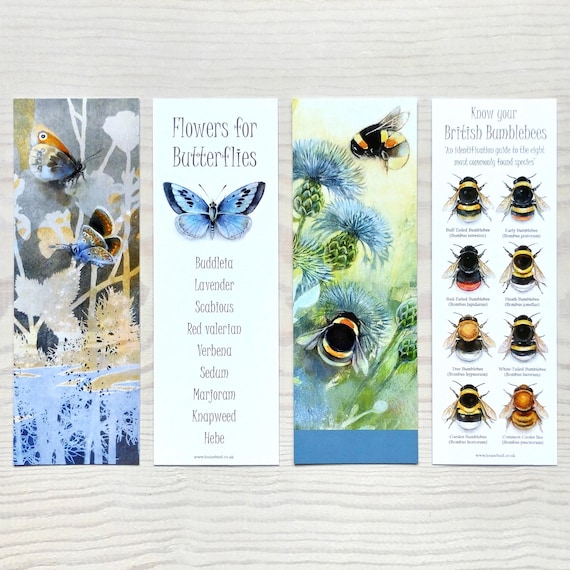 Pair of Bookmarks, double sided, Bumblebees and Butterflies, Artwork by Louise Bird, 360gsm FSC certified card, great gift for nature lovers